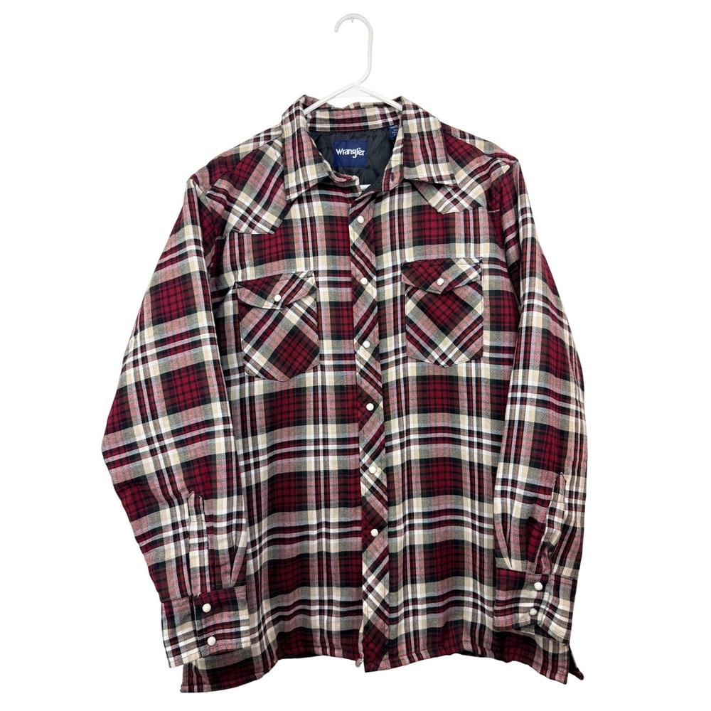 Wrangler Mens Red Plaid Quilted Lined Flannel Western Snap Shirt Jacket Large